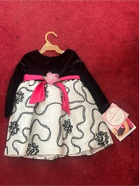 Girls Black & White Velvet Bodice Dress with Pink Sash.